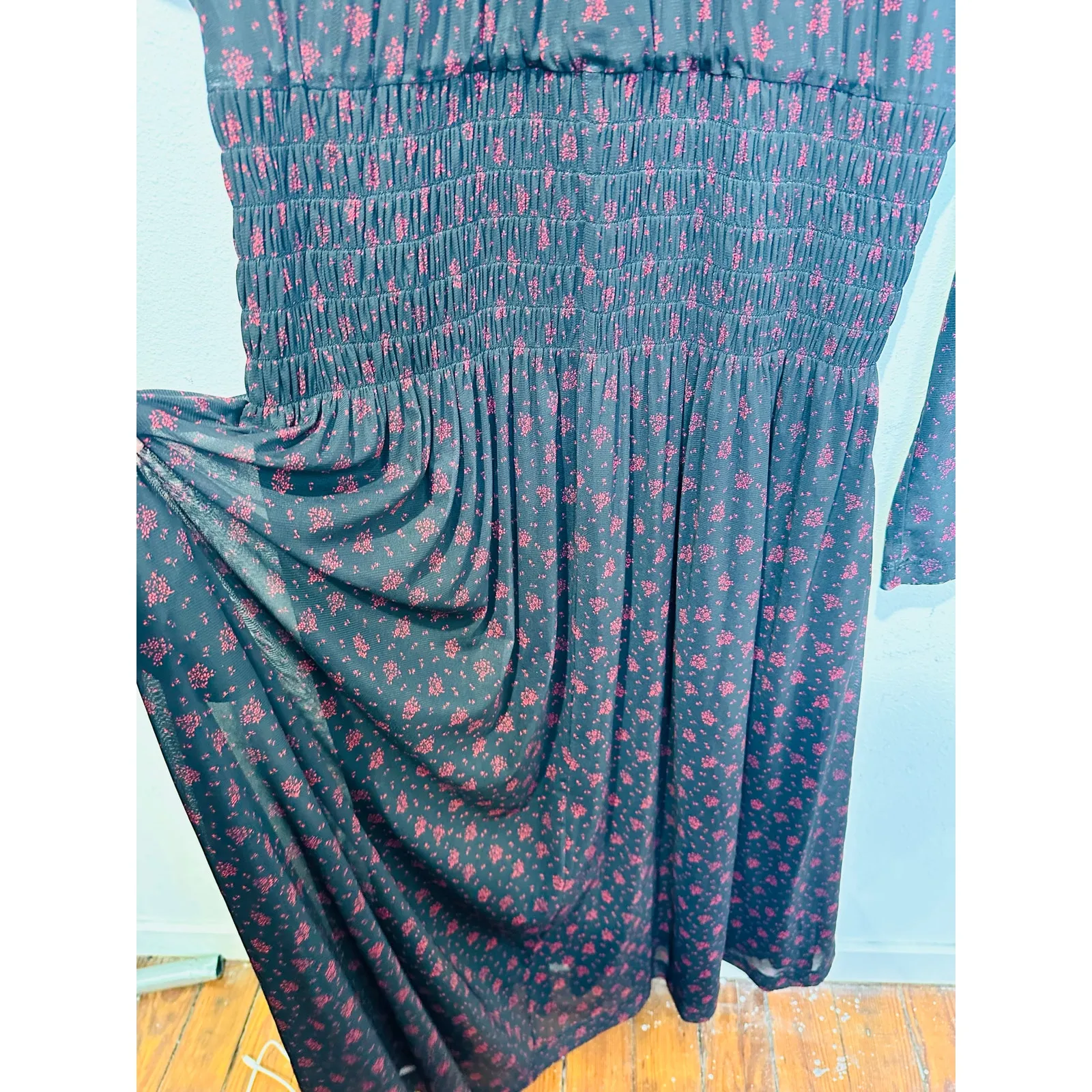 MADEWELL Black Red Smocked Midi Floral Print Sheer Lined Dress size XXL - Image 7