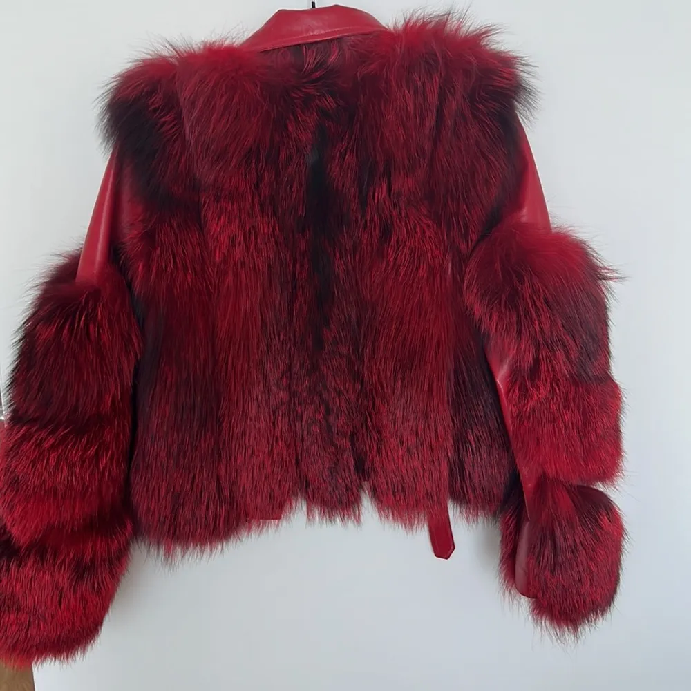 Like new diana roosh bright red fox fur sheep skin leather jacket fur coat Size XS - Image 9