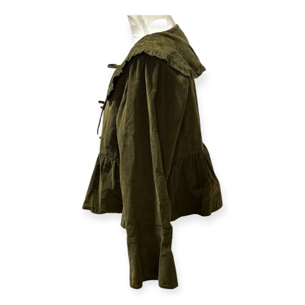 American Eagle Olive Corduroy Peplum Jacket Tie Front Ruffle Collar NWT M - Image 6