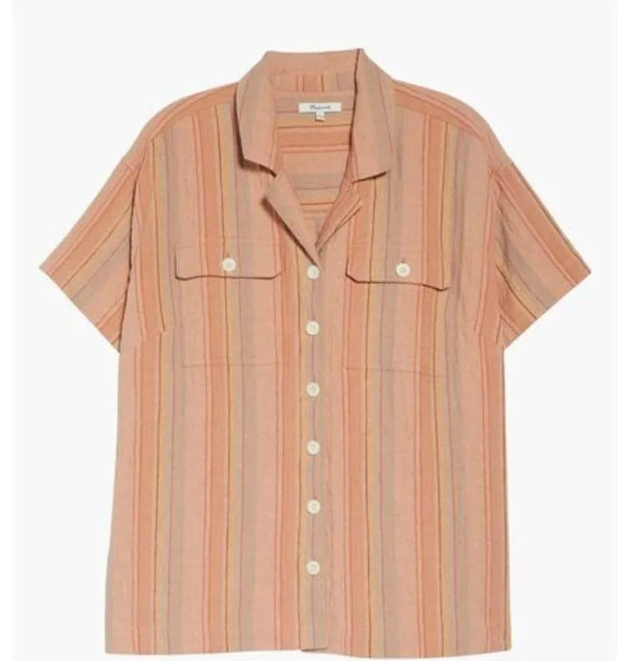 Madewell Linen Blend Stripe Camp Shirt Red Rust Havana Style NWT Size XS $79.50 - Image 2