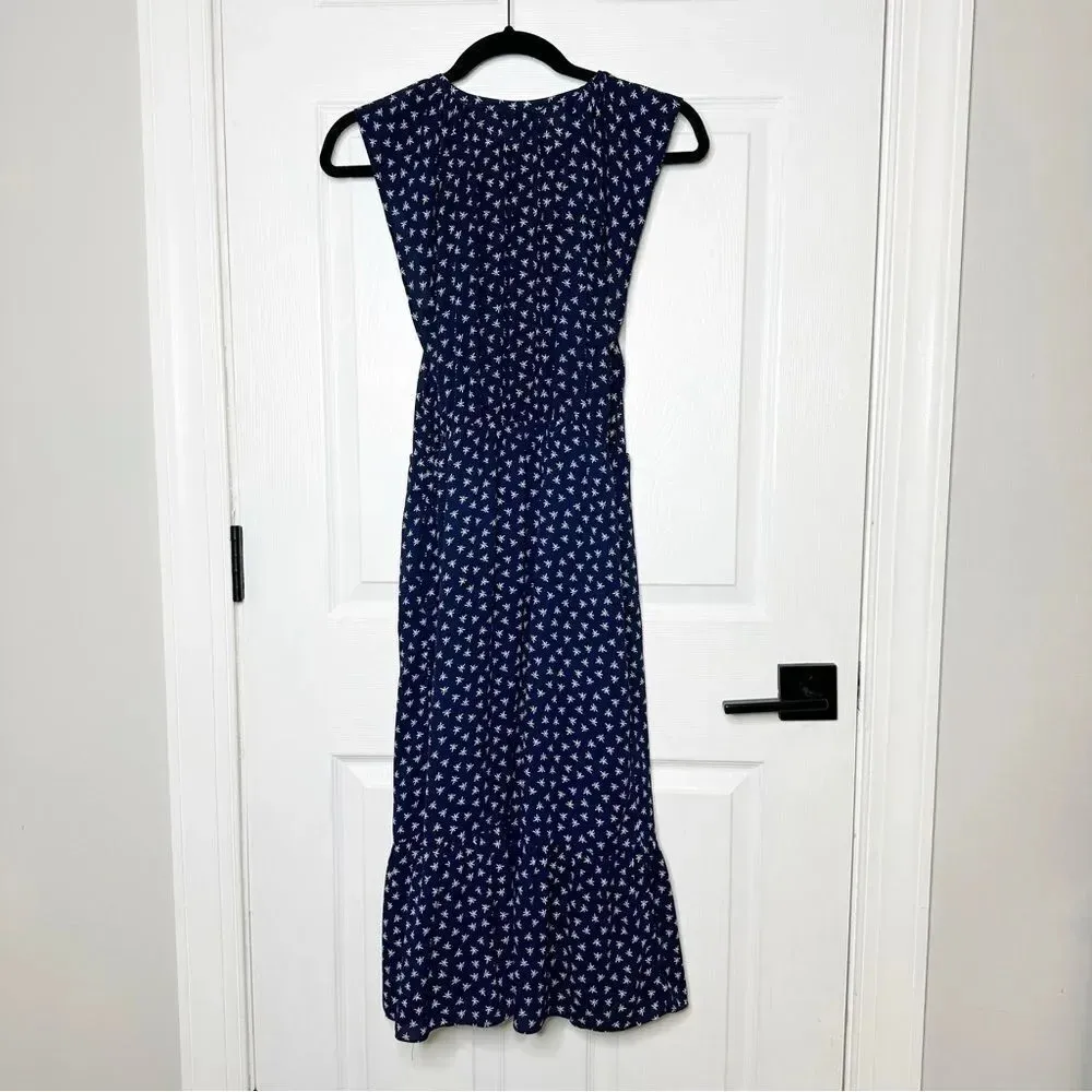 J. CREW Navy Midi Dress Navy White Dragonfly‎ Cap Sleeve Size XS - Image 11