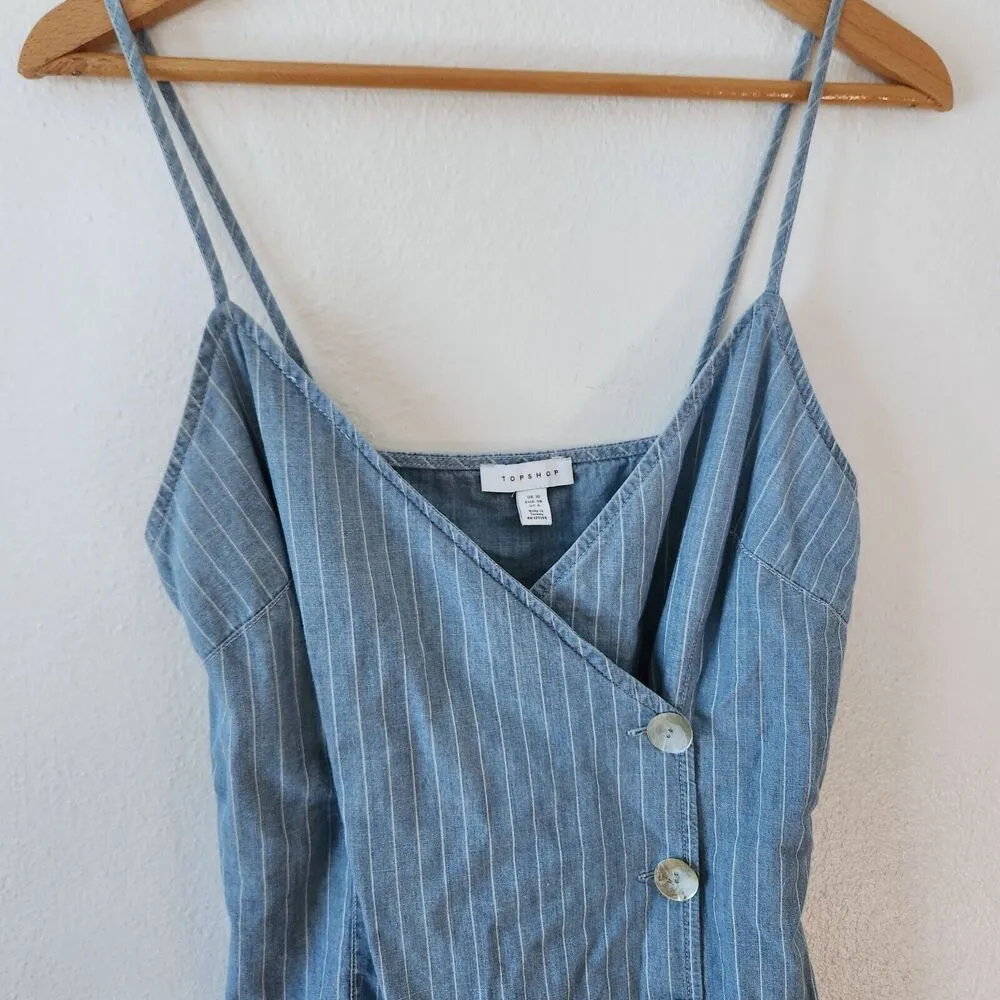 Topshop Chambray Denim Mini Dress Pin Striped Button Cami Wrap 6 Women Blue - Image 6