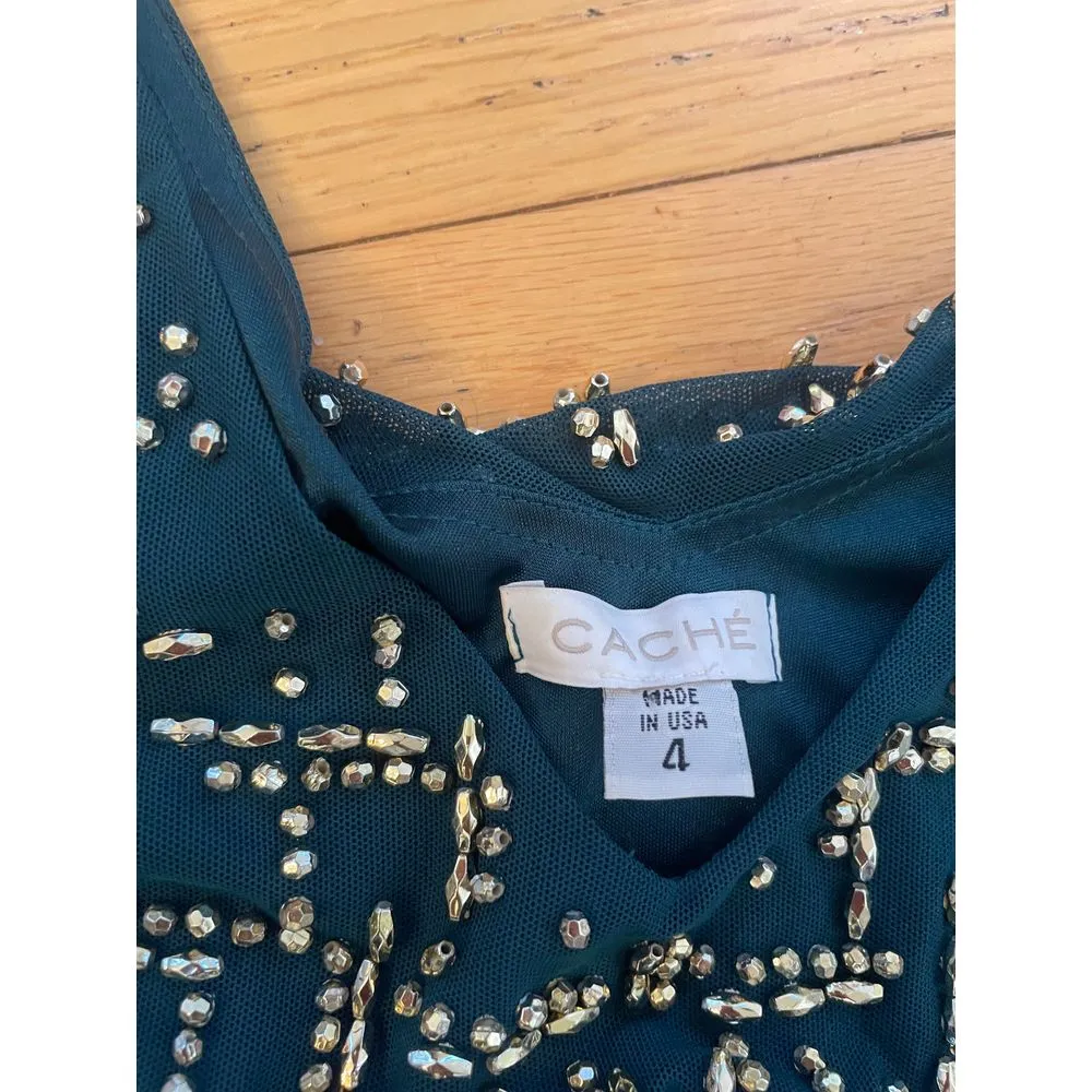 Cache Dark‎ teal Golden beaded blouson mini party dress fancy size 4 Retail $268 - Image 2