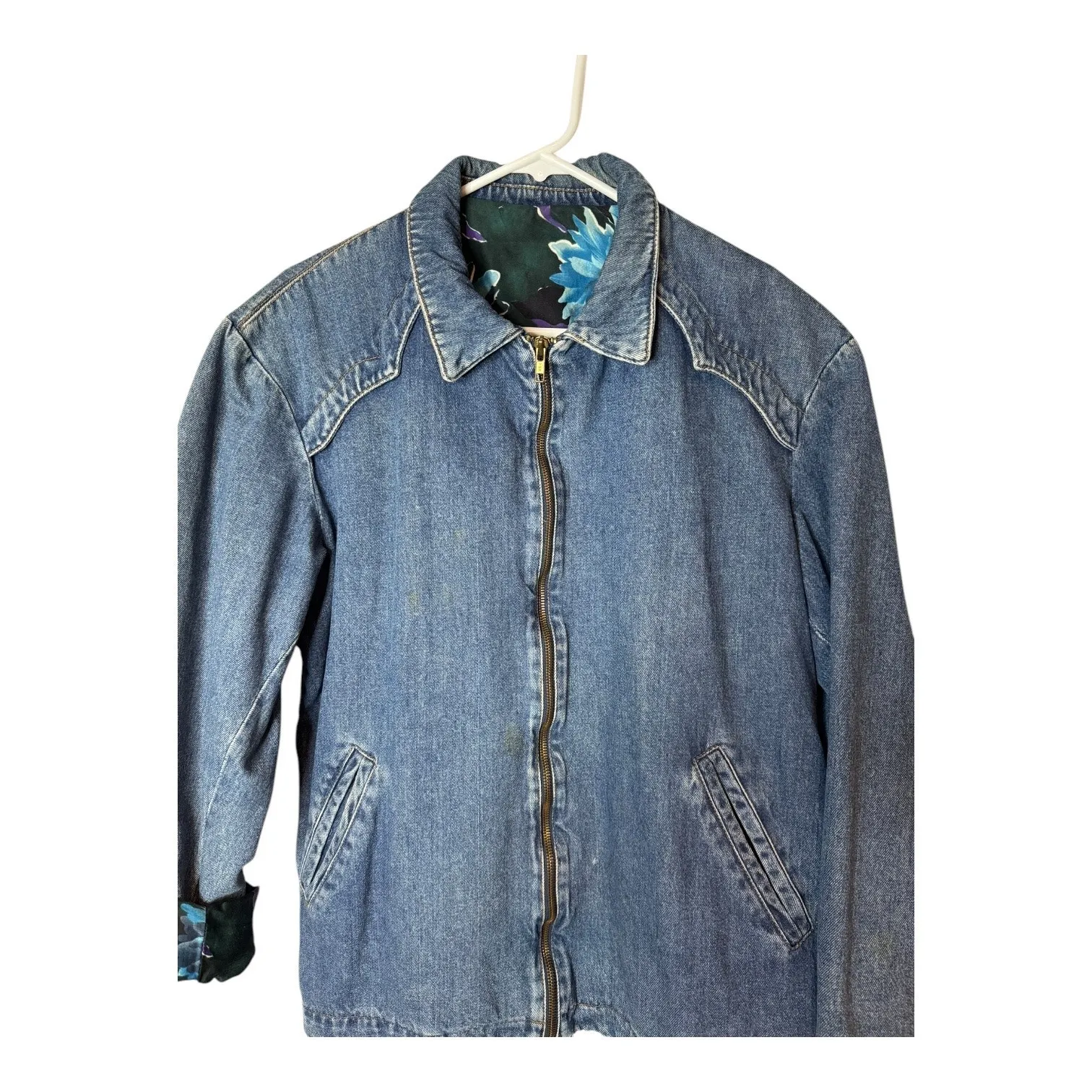 Vintage Denim Blue Jacket with Blue Purple floral lining zip closing size medium - Image 10