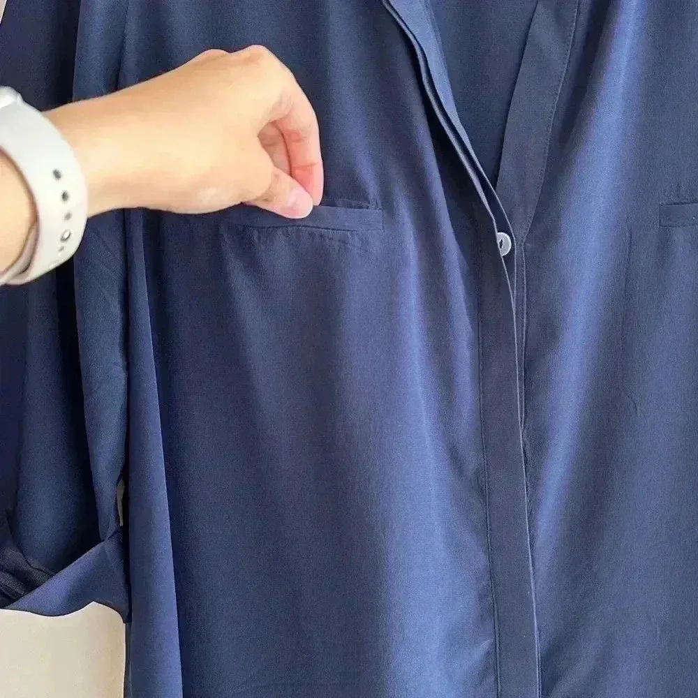 Rory Beca 100% Silk Camp Double Breast Pocket Button Down Shirt, Navy Blue - Image 8