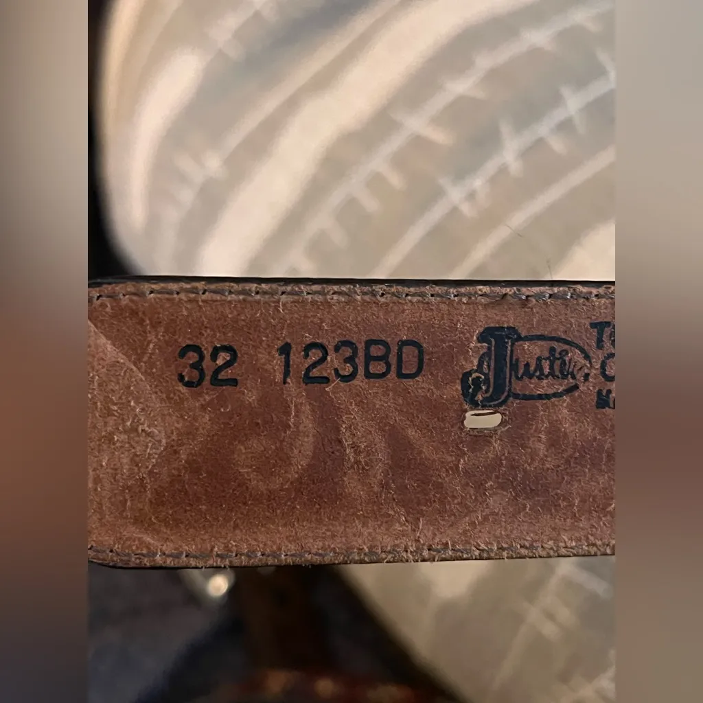 Justin Brown Tooled Cowhide Leather Concho Coin Belt Silver Buckle western 32 in - Image 15