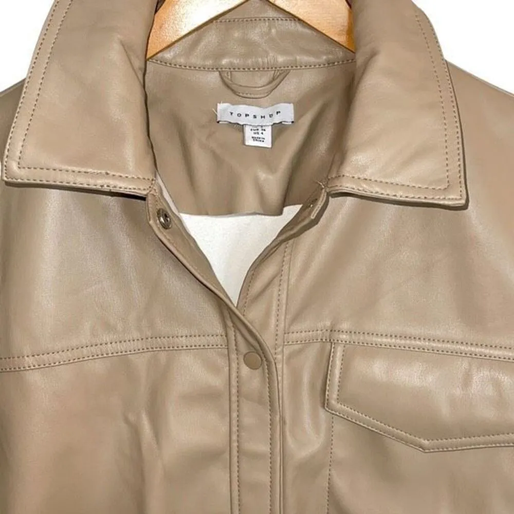 Topshop Womens Short Sleeve Faux Leather Oversized Button-up Shirt Tan Beige 4 N - Image 2