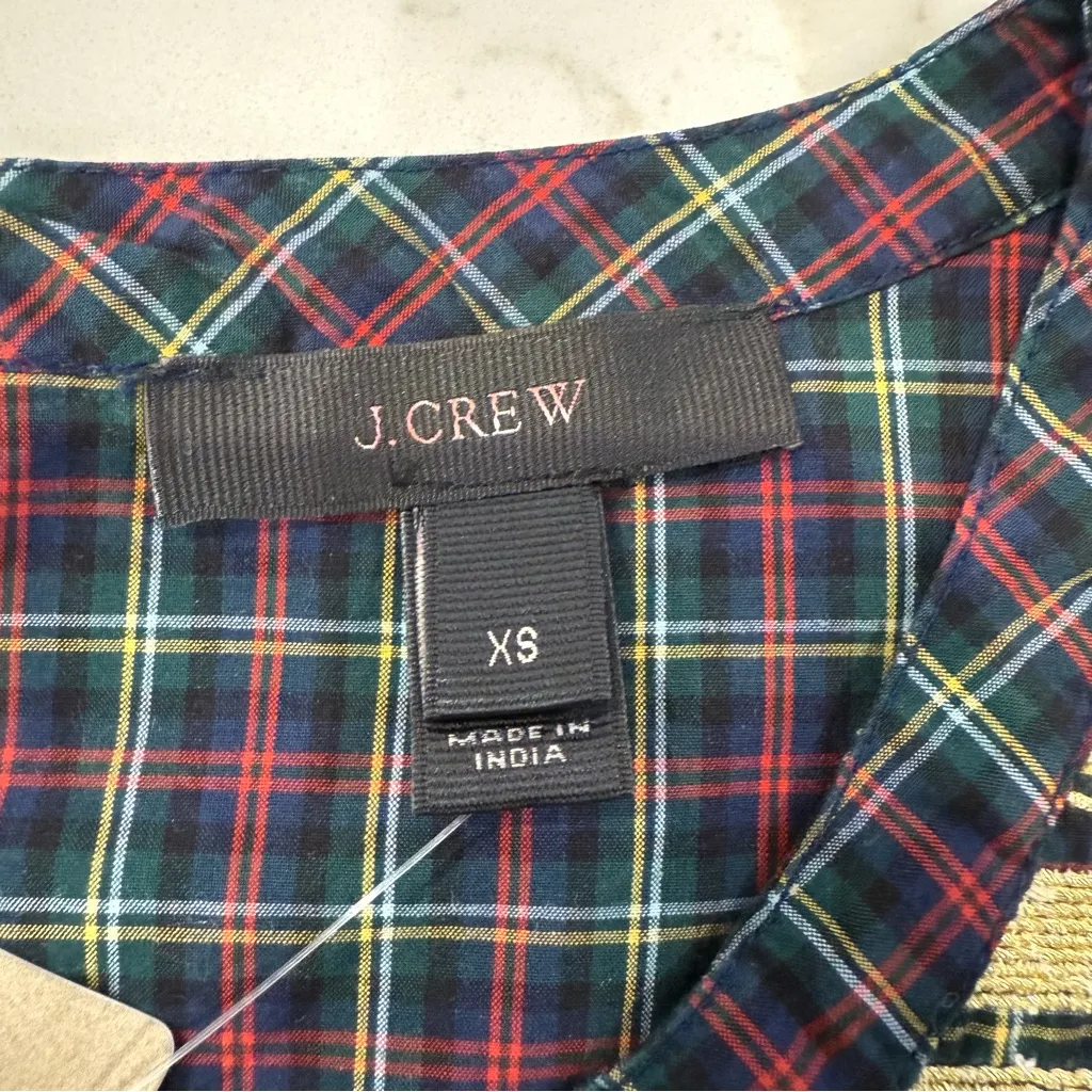 J. Crew NWT Embroidered Gilded Plaid Peasant Holiday Top Women’s XS Red/Green - Image 7