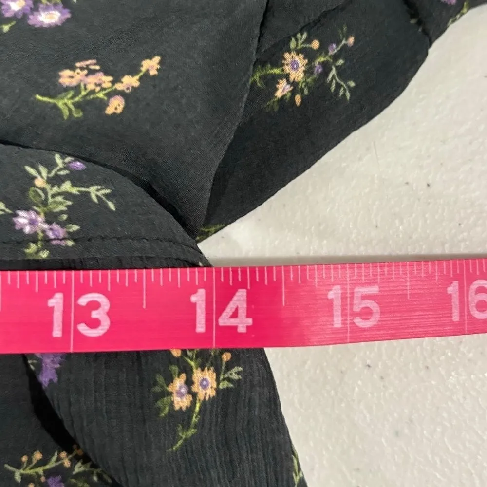 American Eagle SZ Large Ditsy Black Floral Dress Purple Ruffle Bell Sleeves Boho - Image 7