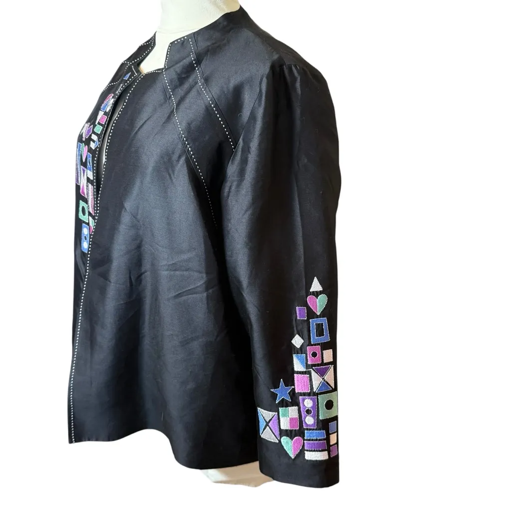 Bob Mackie Silk Open Jacket 2X Wearable Art Black Embroidered Artsy Abstract - Image 3