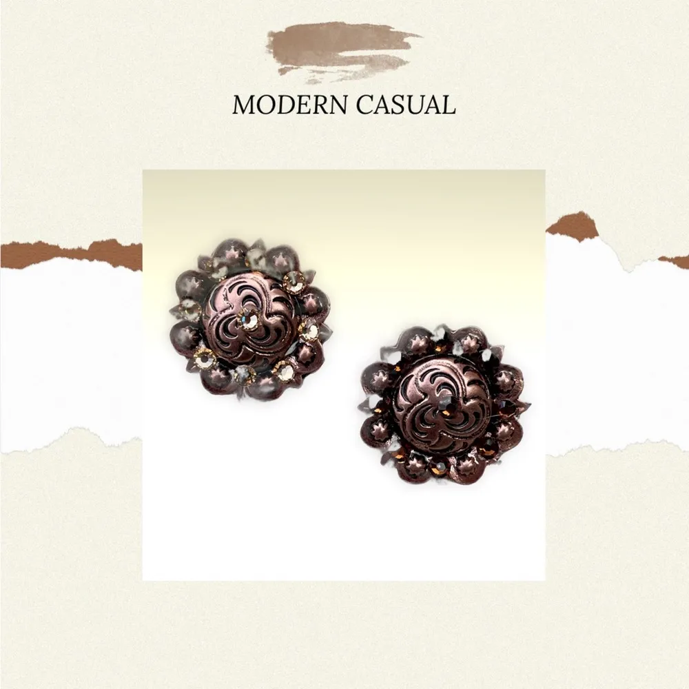 Copper engraved metal post earrings with topaz Swarovski crystals. Lightweight - Image 3