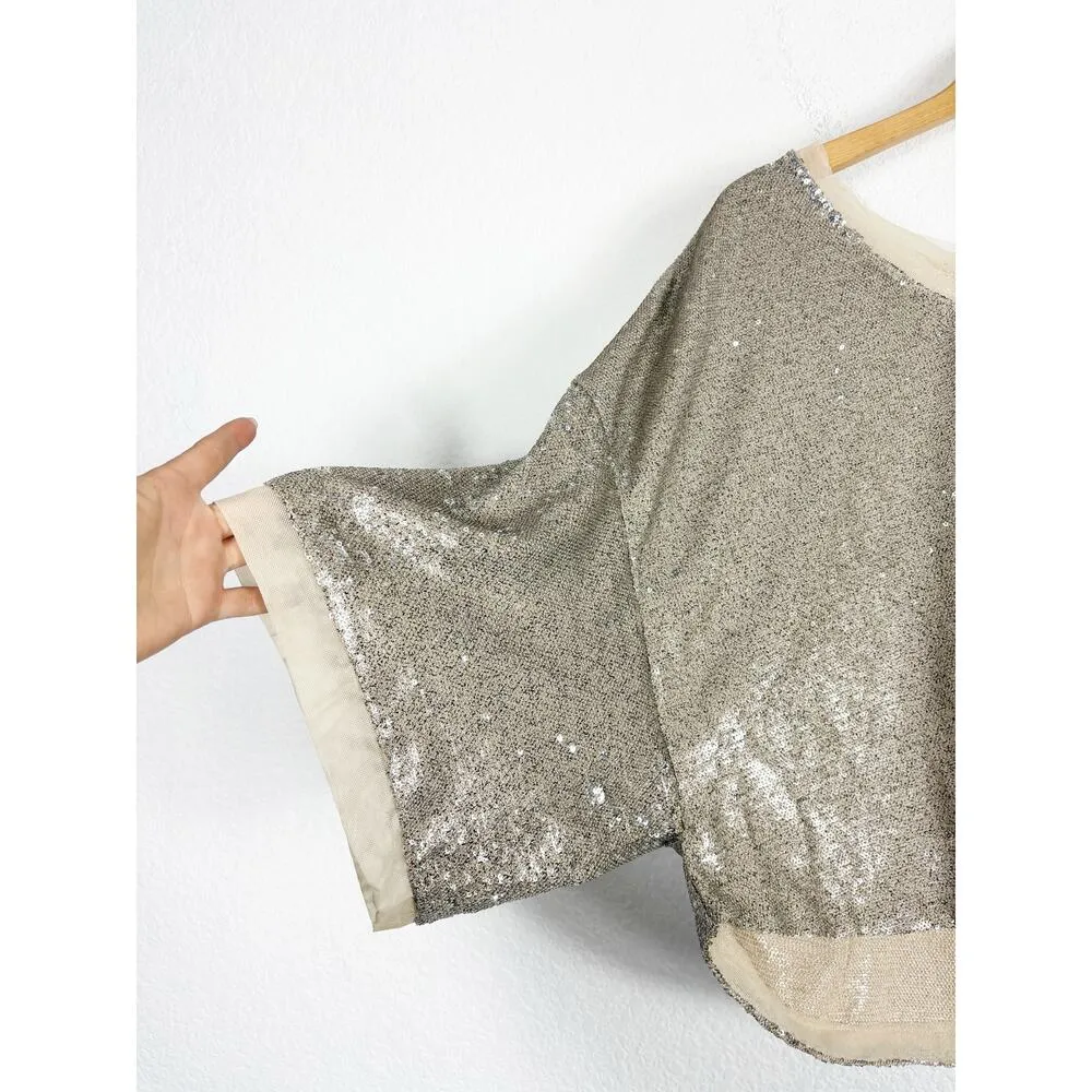 Free People Champagne Dreams Tee Small Neutral Gold Sequin Oversized Cropped - Image 10