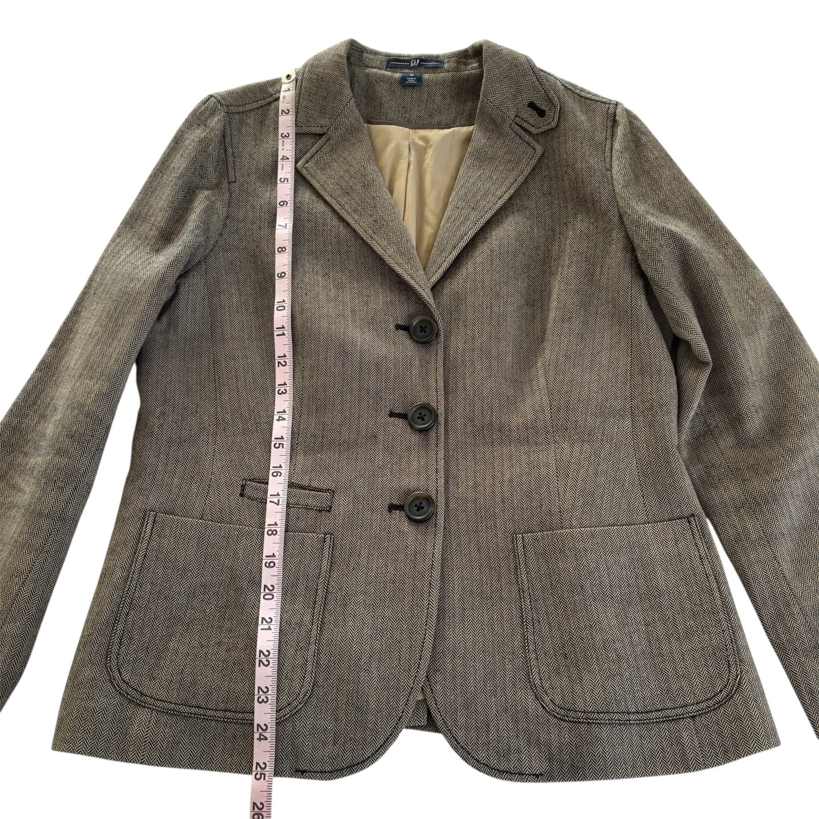 Gap  Wool Brown Herringbone Pattern Button Up Blazer Jacket Womens Size 10 Preppy - Image 4