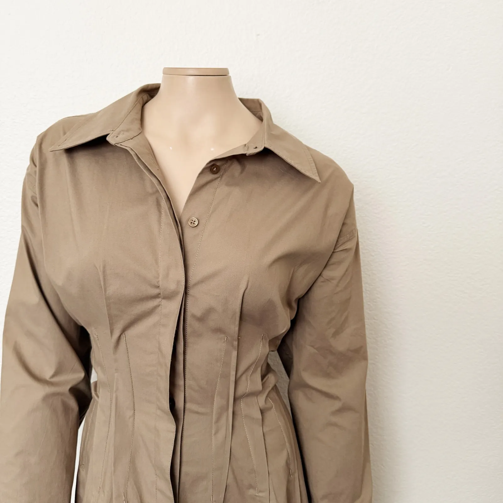 [Anthropologie] Pilcro Khaki Camel Pleated Pintuck Mini Shirt Dress Size Large L - Image 7