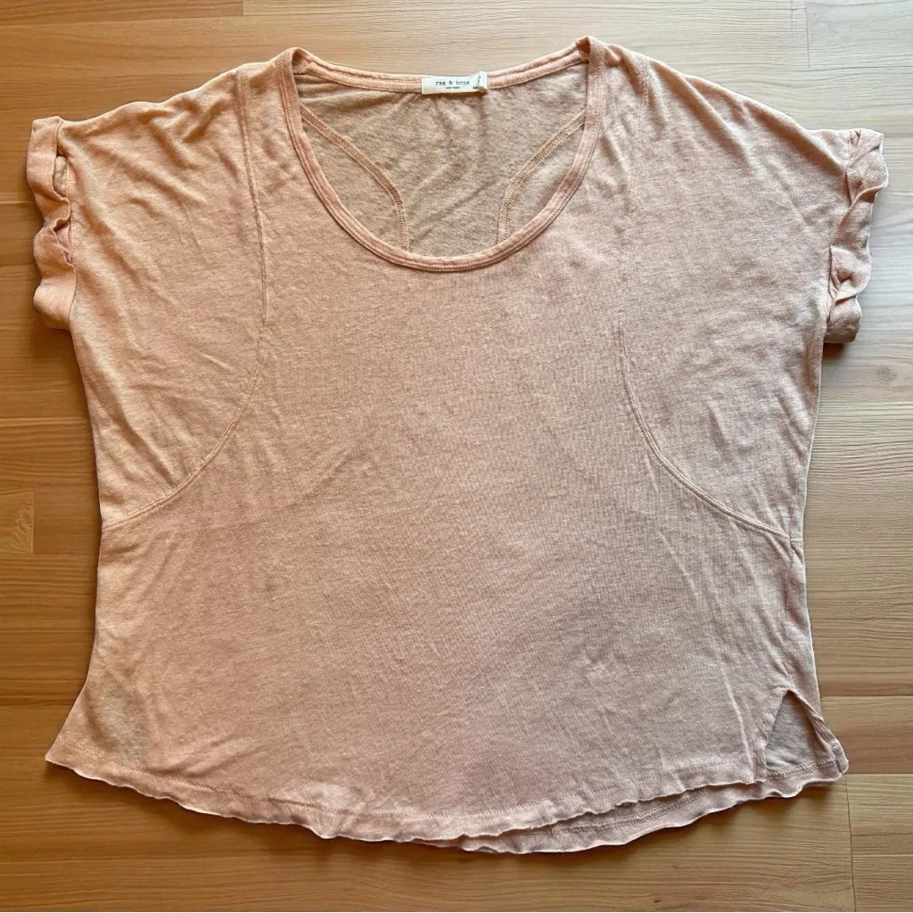 RAG & BONE Lottie Slub Knit Linen Tee – Pale Pink Peach – Raw Hem – XS - Image 6