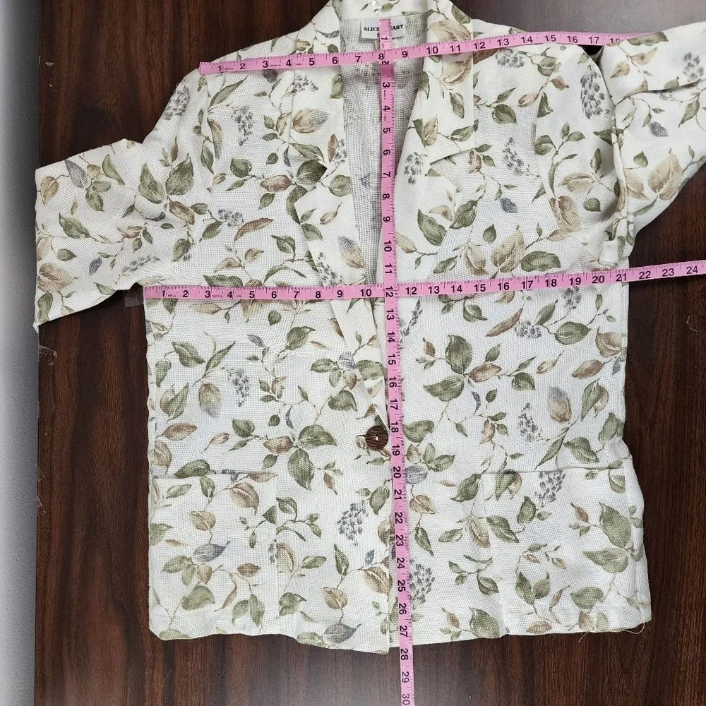 Alice Stuart Cream Floral Blazer Jacket Shoulder Pads USA Made Size M Petite Green - Image 7