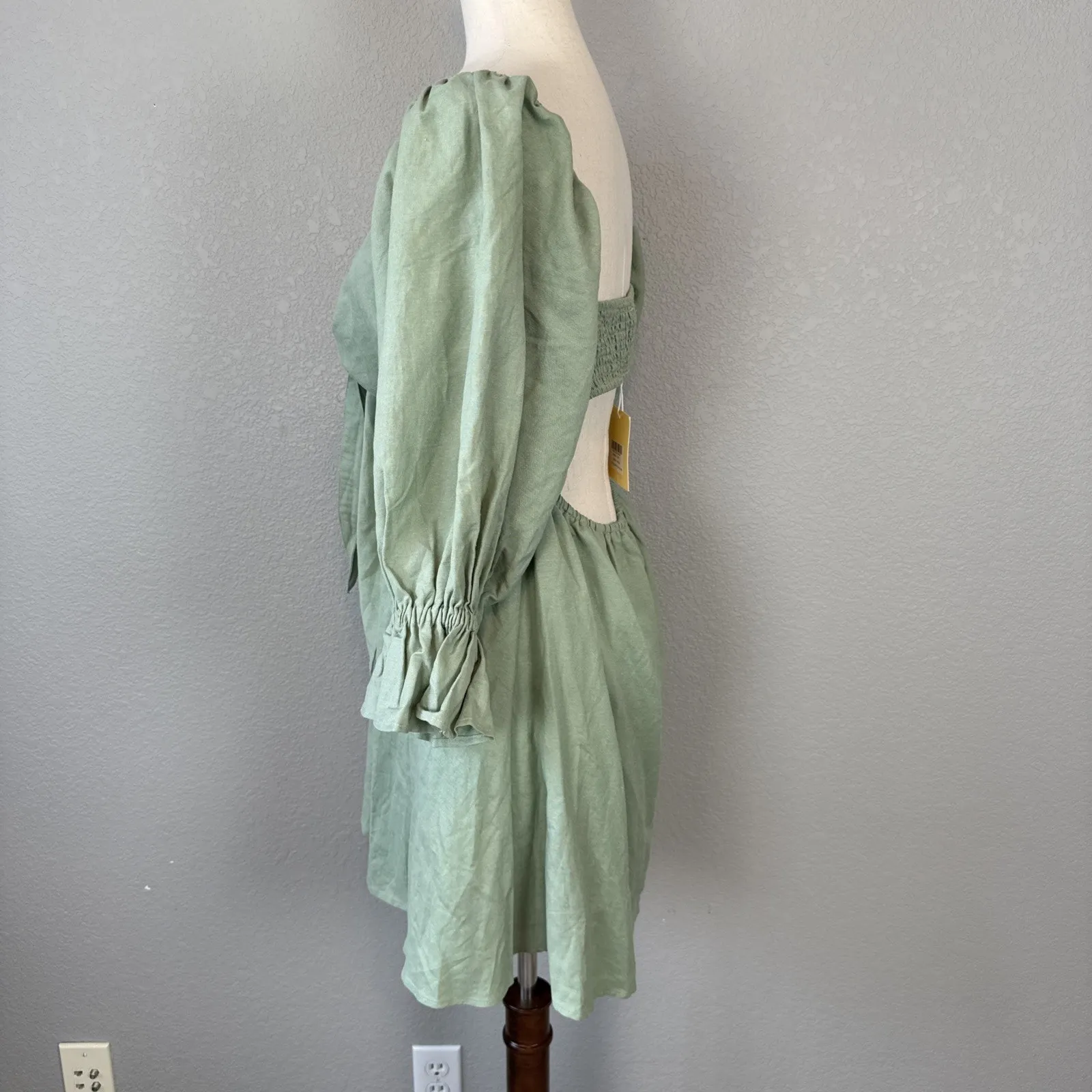 Charlie Holiday Sonny Mini Dress Size 8 Sage Green Linen Cotton Long Puff Sleeve - Image 4