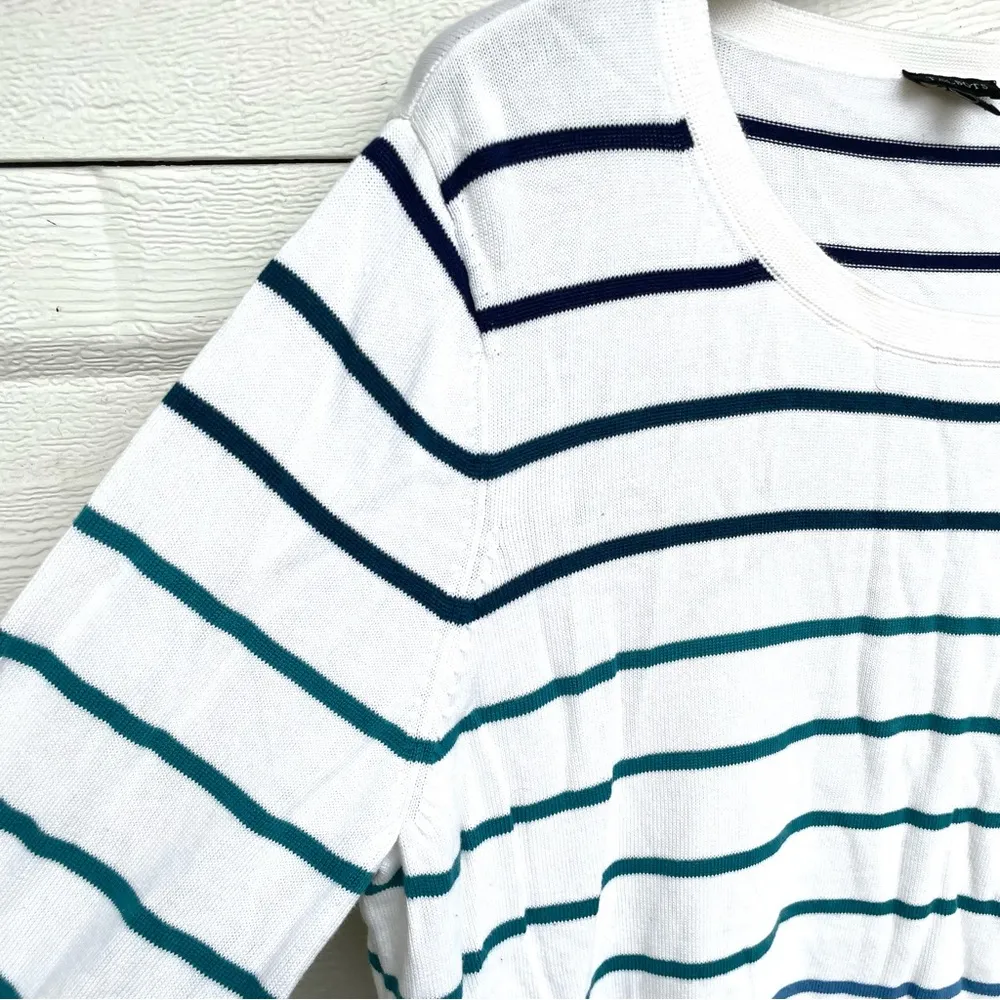 Talbots Womens Sweater Cream Blue Ombré Stripe Lace Up Shoulder XL - Image 7