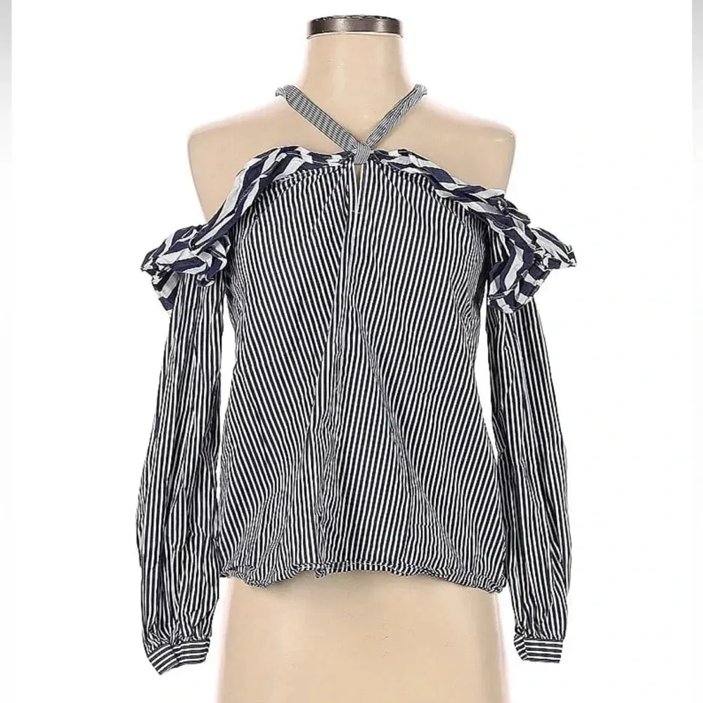 J. Crew Blue White Striped Off the Shoulder Ruffle Halter Top Blouse Size 2 XS - Image 4