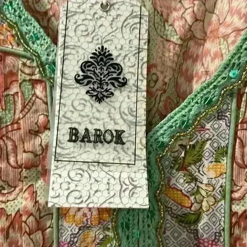 NWT Barok Paris Floral Midi Lace Metallic Ruffle Dress Boho Peach Size Small Pink - Image 7