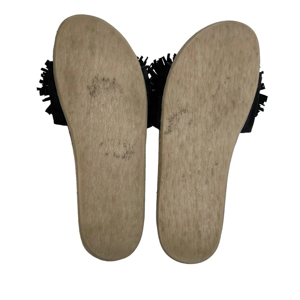 Musse & Cloud Black & Tan Fringe Pom Pom Suede Slides Sandals - Image 6