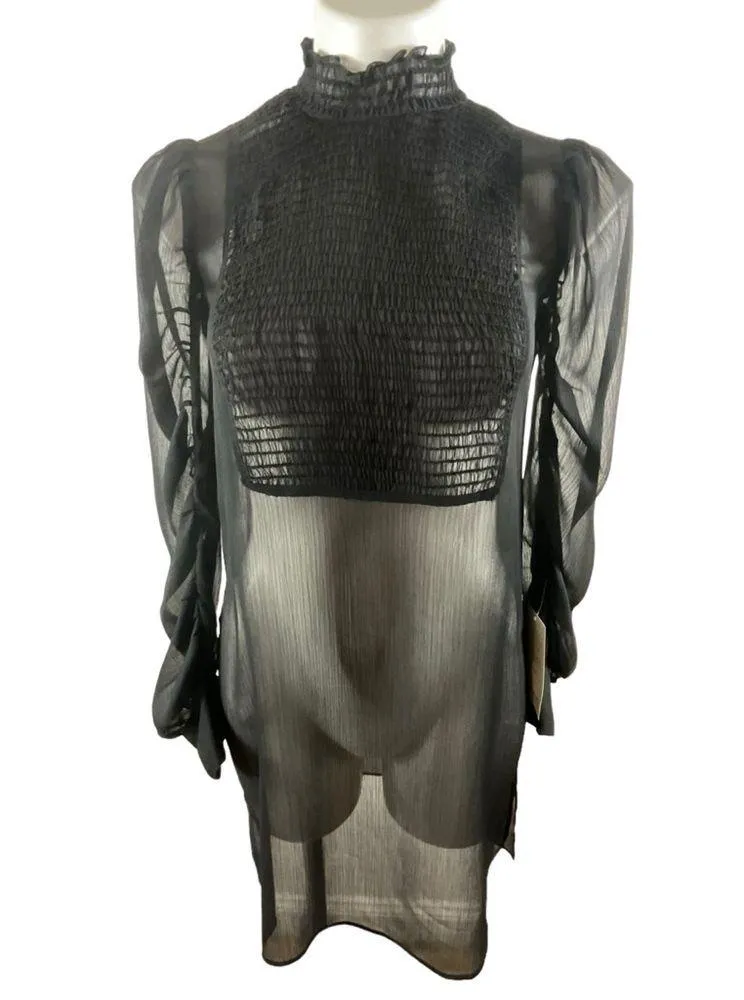 Zara Black Sheer Smocked High Neck Smocked Front Panel Ruched Sleeve Dress - Image 14