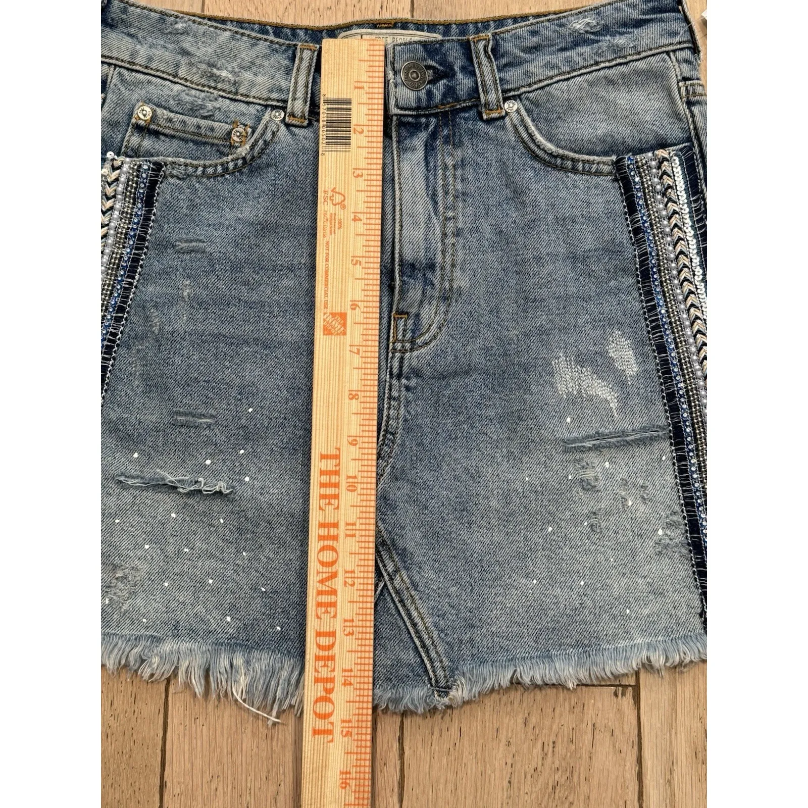 NWT Free People Beaded Sequin Western Cowgirl Distressed‎ Denim Mini Skirt Sz 0 - Image 5