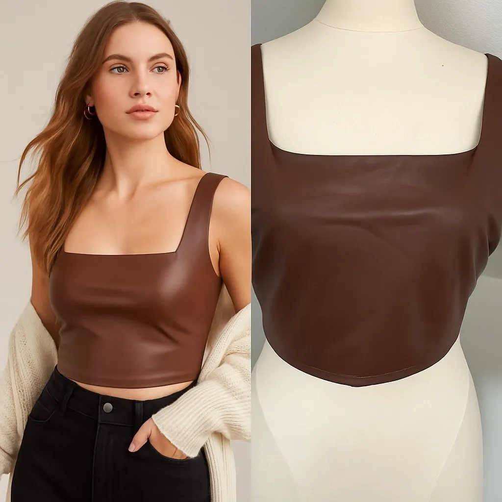 Express Body Contour Brown Faux Leather Crop Tank Top XL‎ Fall Square Neck - Image 9