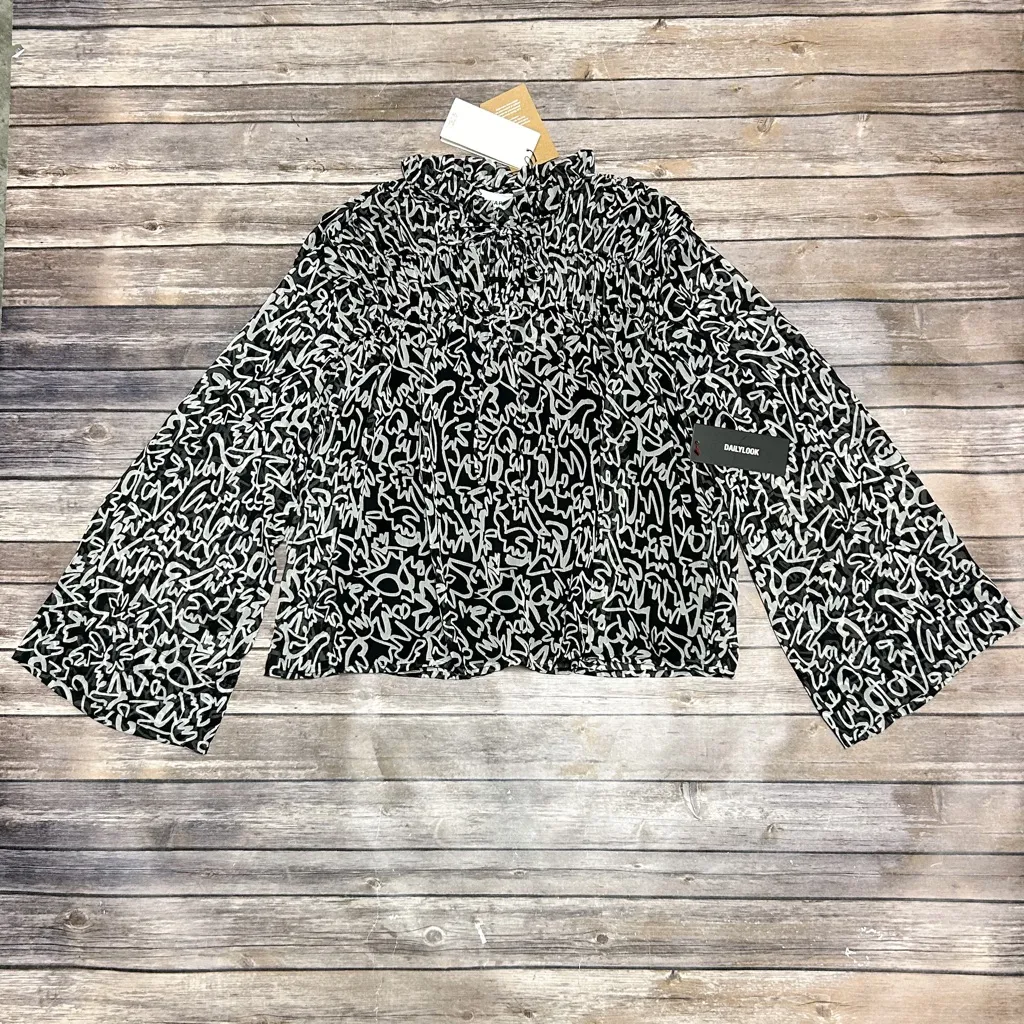 Aware Vero Moda Black White Sheer Camisole Long  Trumpet Sleeve Tie Ruffle Large - Image 7