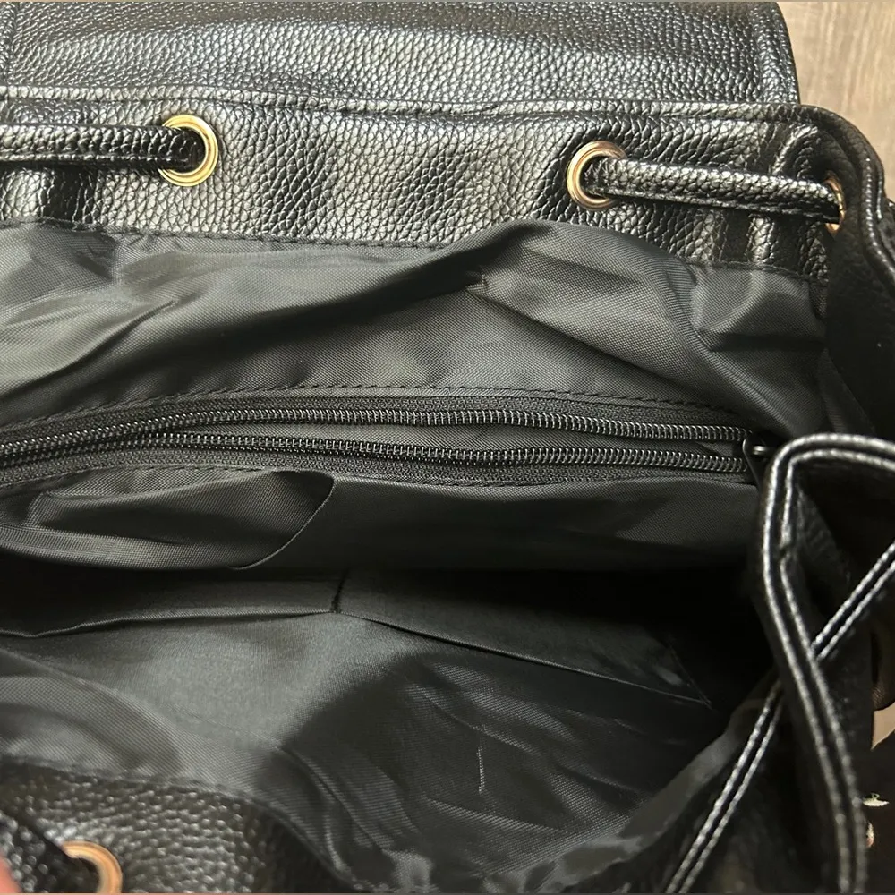 BELLA RUSSO Women's Large Black Pebbled Leather Drawsting Backpack Bag 4 pockets - Image 4