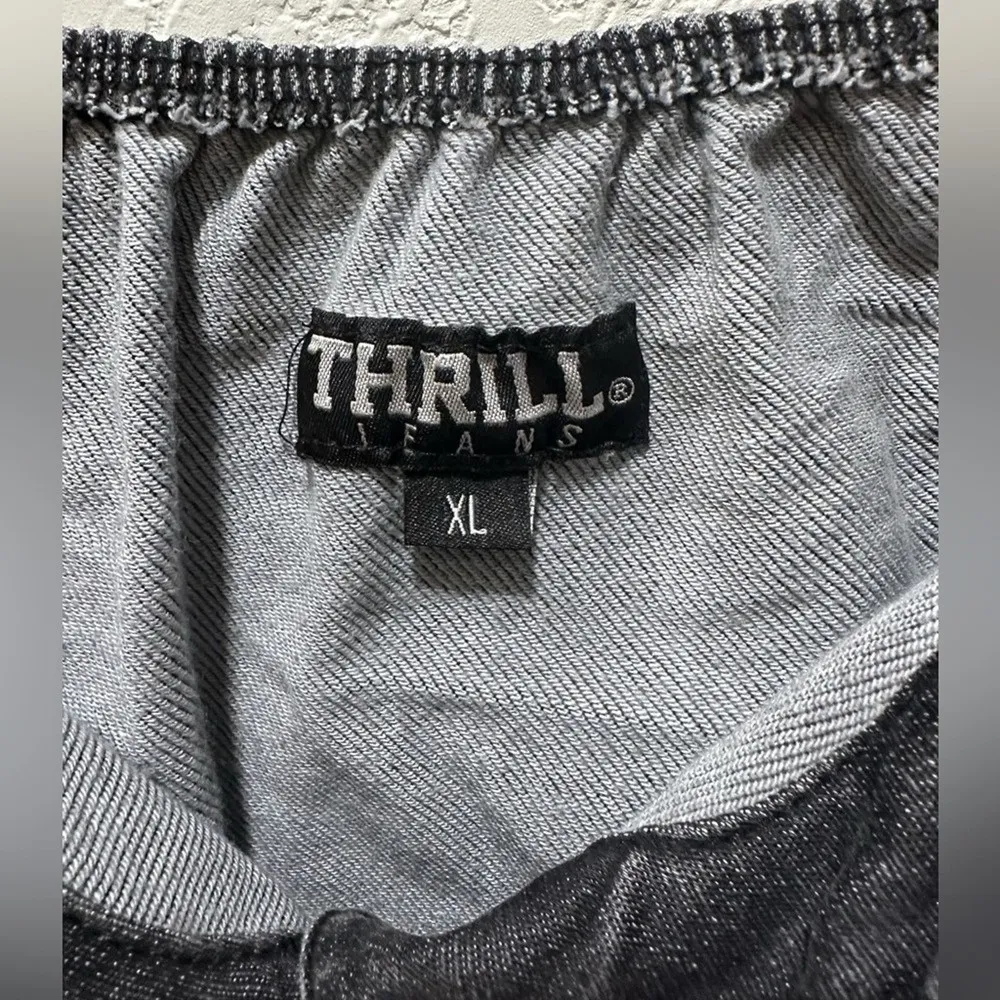 Thrill Jeans Acid Wash Cropped Button Front Top Puff Sleeve XL Black - Image 4