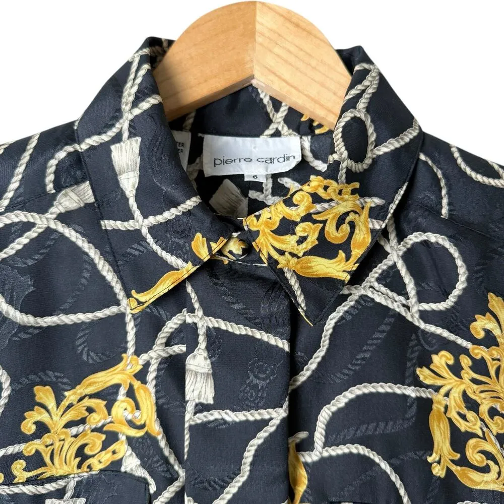 Vintage Pierre Cardin Black Gold Printed Button Up Blouse Cropped Long Sleeve, 6 - Image 2