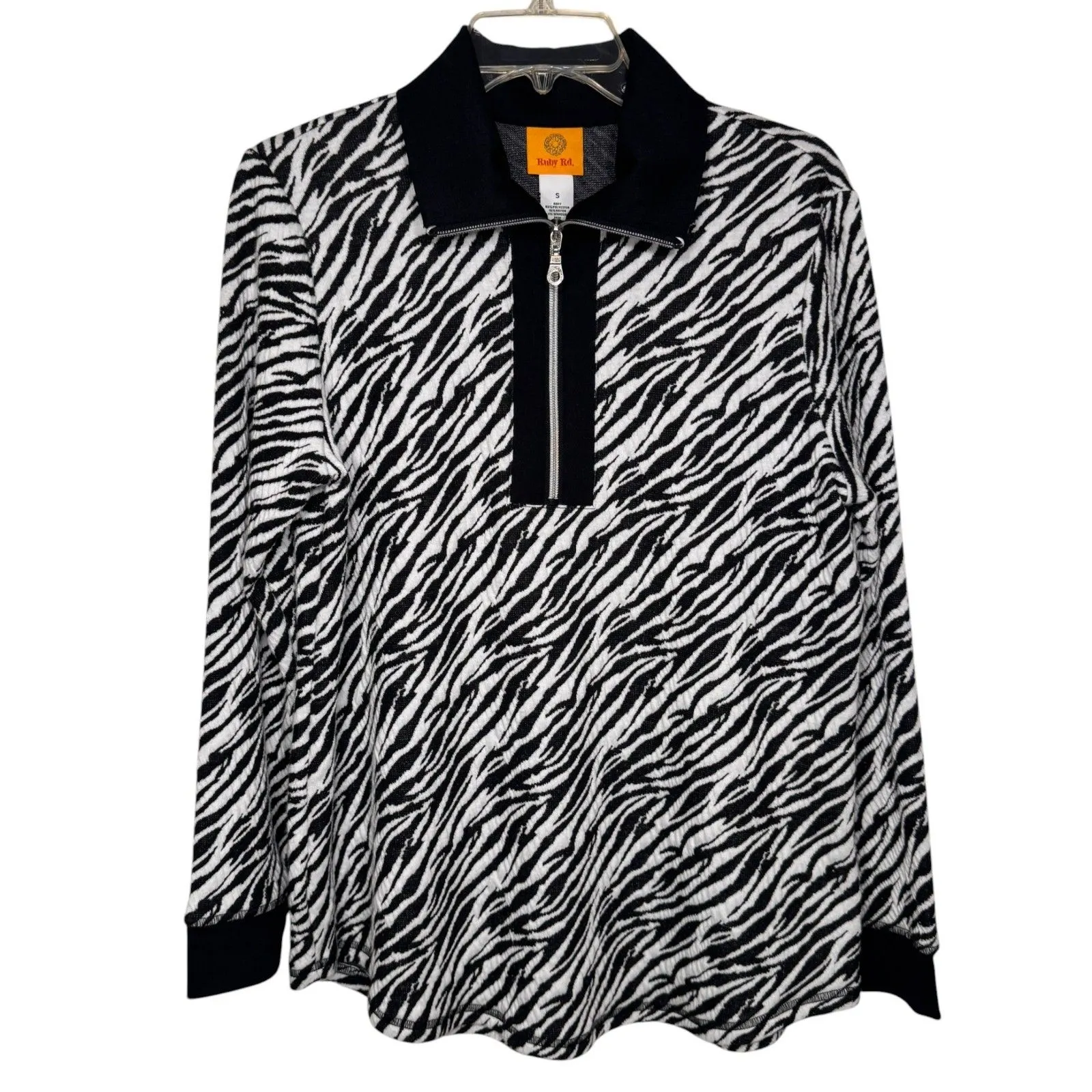 Ruby Rd Sweater Women's‎ Small Zebra Animal Print 3/4 Zip Long Sleeve Pullover Black - Image 10