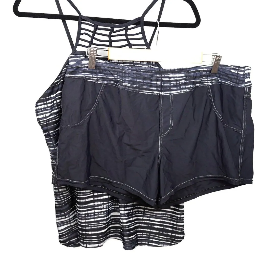 Free Country Womens Strappy Two-Piece Set High-Neck Tank Top & Shorts Black & Wh - Image 2