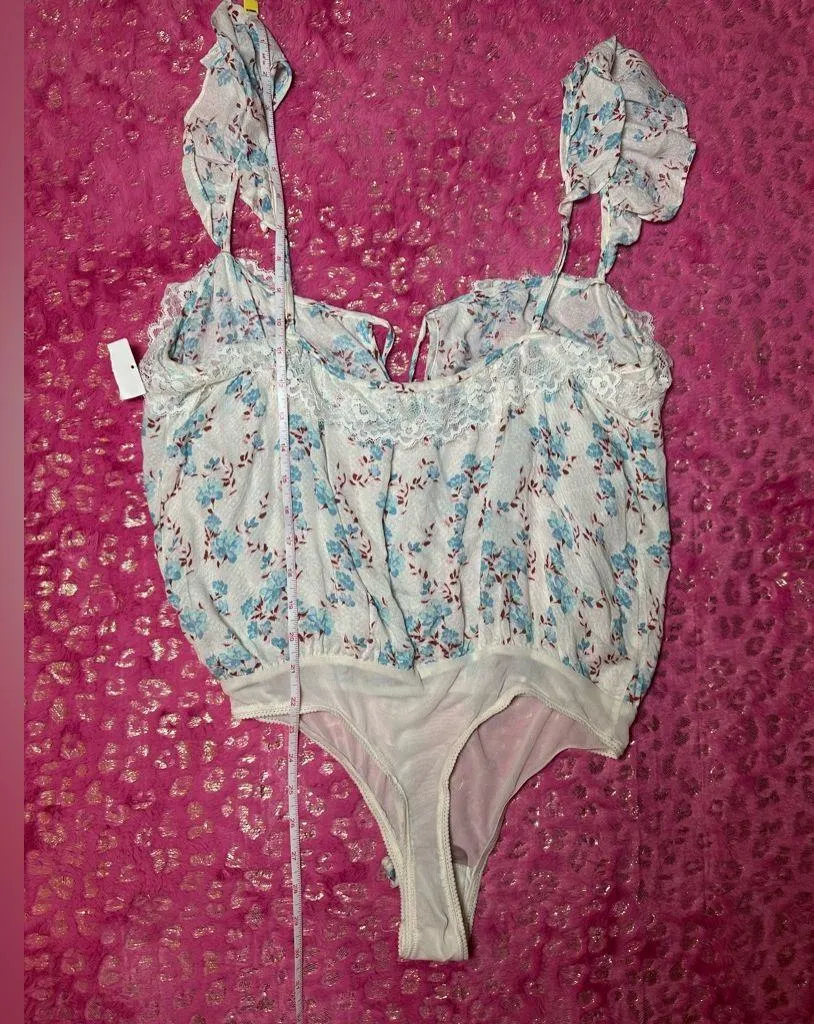 NEW Free People Floral White Ruffle Sleeve Lace Detailed Tank Top Bodysuit Sz S - Image 12