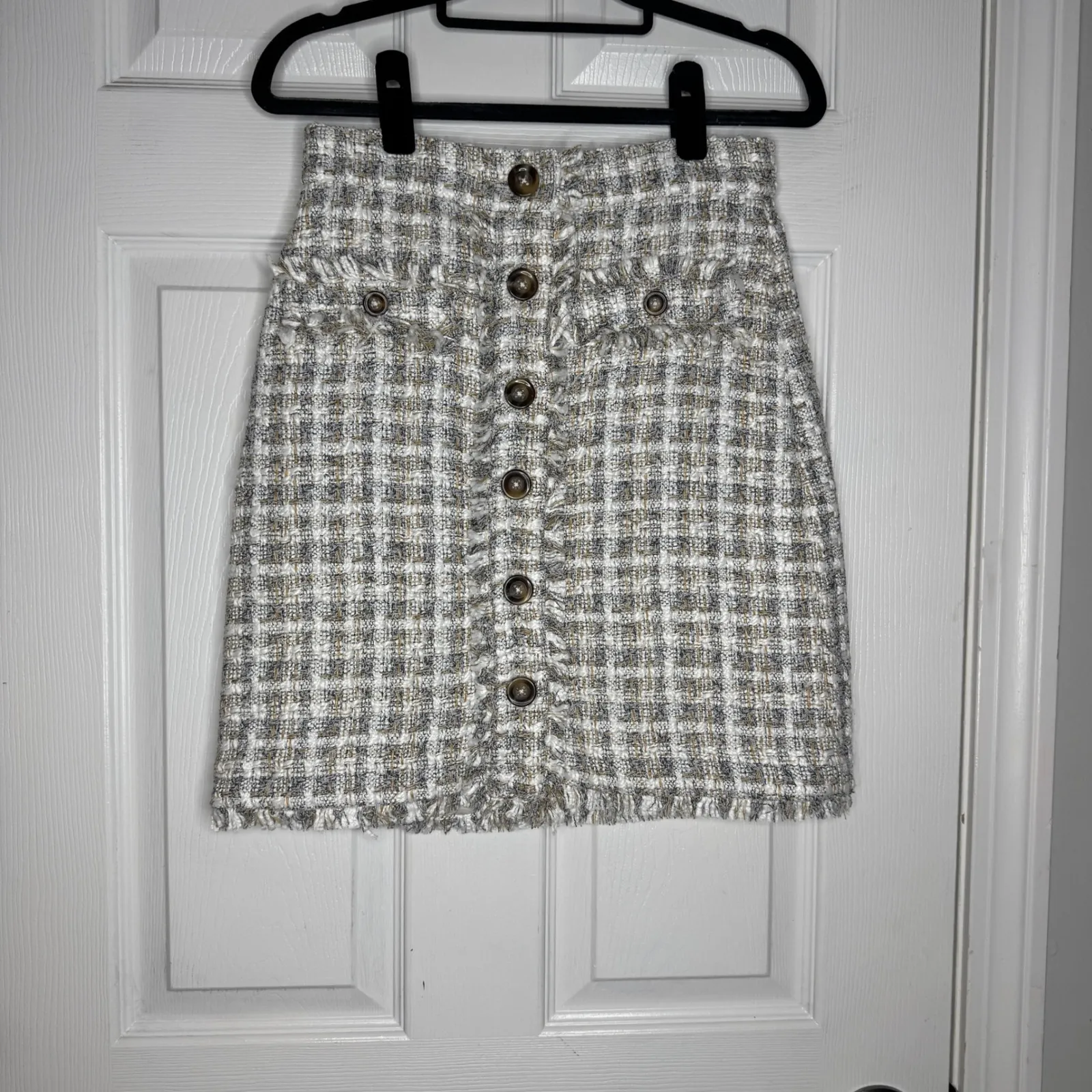 ANN TAYLOR White Raw Edge Fringe Tweed Pencil Skirt Size 0 Petite - Image 3