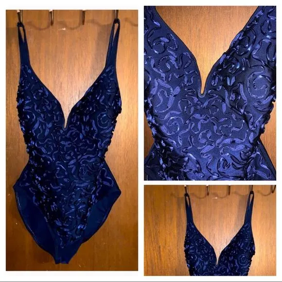 90s dark blue plunge swimsuit - Image 2