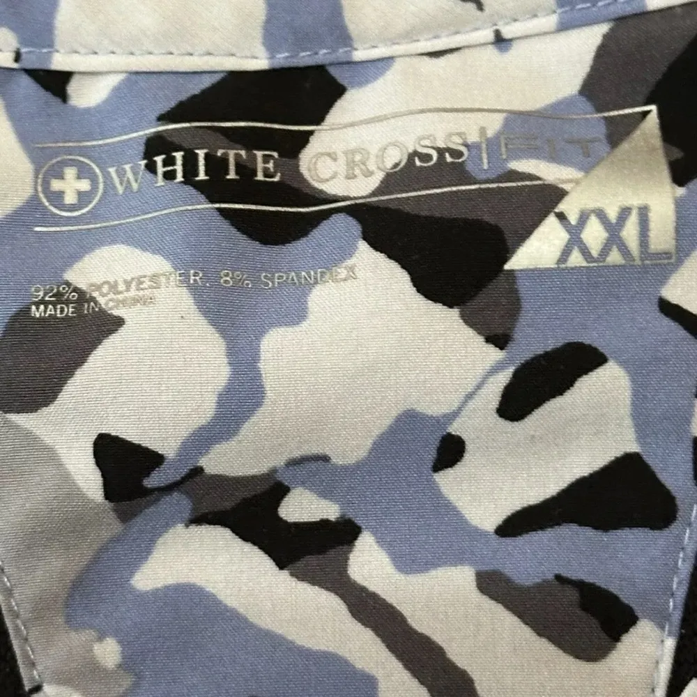 White Cross Fit Scrub Top Ladies XXL Blue Camo Vet Tech Nurse Spandex Stretch Size 2X - Image 4
