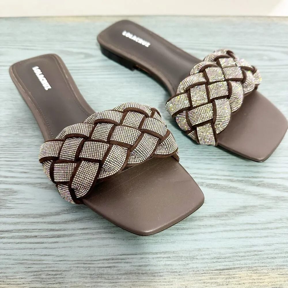 Lola Cruz Dark Brown Jeweled Braided Strap Square Toe Sandal 38 Size 8 - Image 2