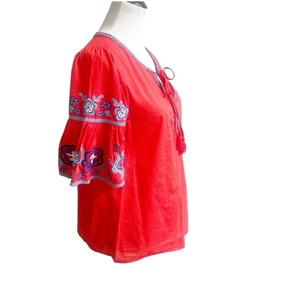 Beach Lunch Lounge Embroidered Bell Sleeve Blouse Size Small Tie Neck Coral Boho - Image 5