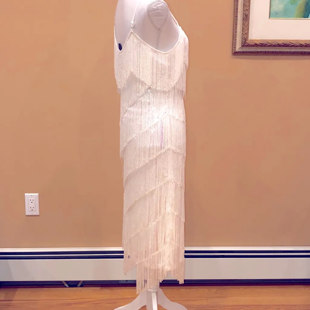 🆕 1920s Sequin and Fringe Flapper Party Mini Dress White Size XL - Image 10