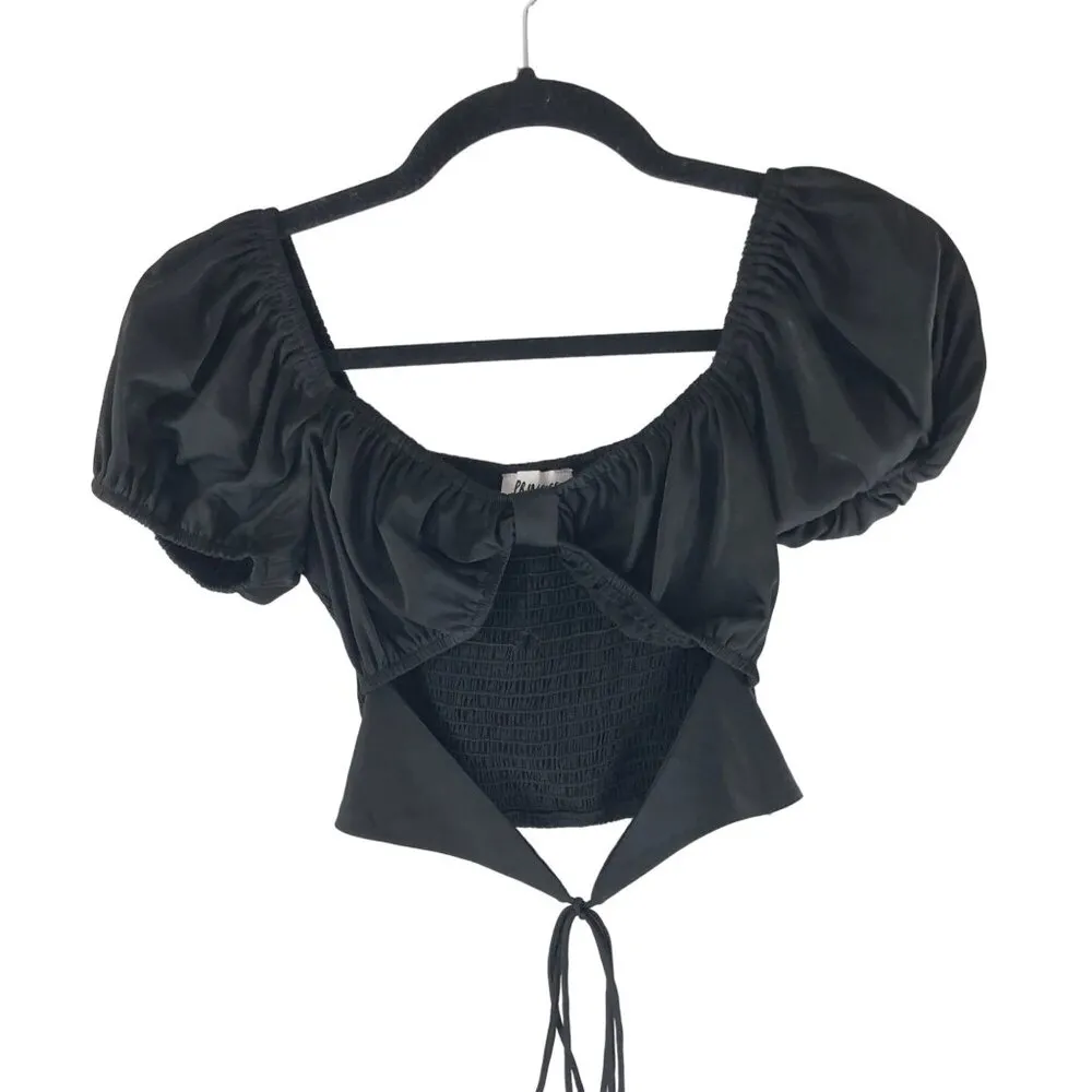 Princess Polly Womens Crop Top Tie Front Wrap Smocked Puff Sleeve Black 0 - Image 2