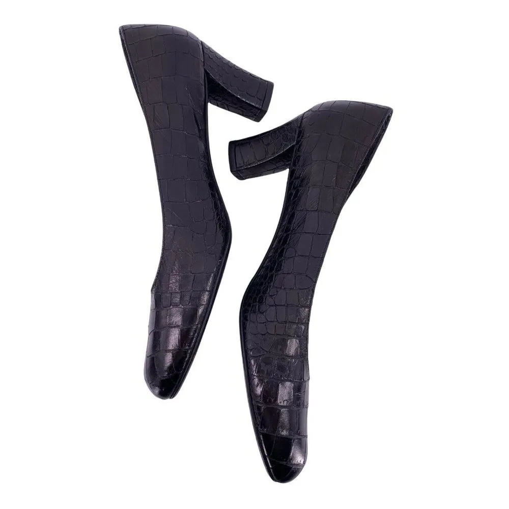 STUART WEITZMAN Black Leather Mock Croc Mid Heel Pumps Size 9 M - Image 5
