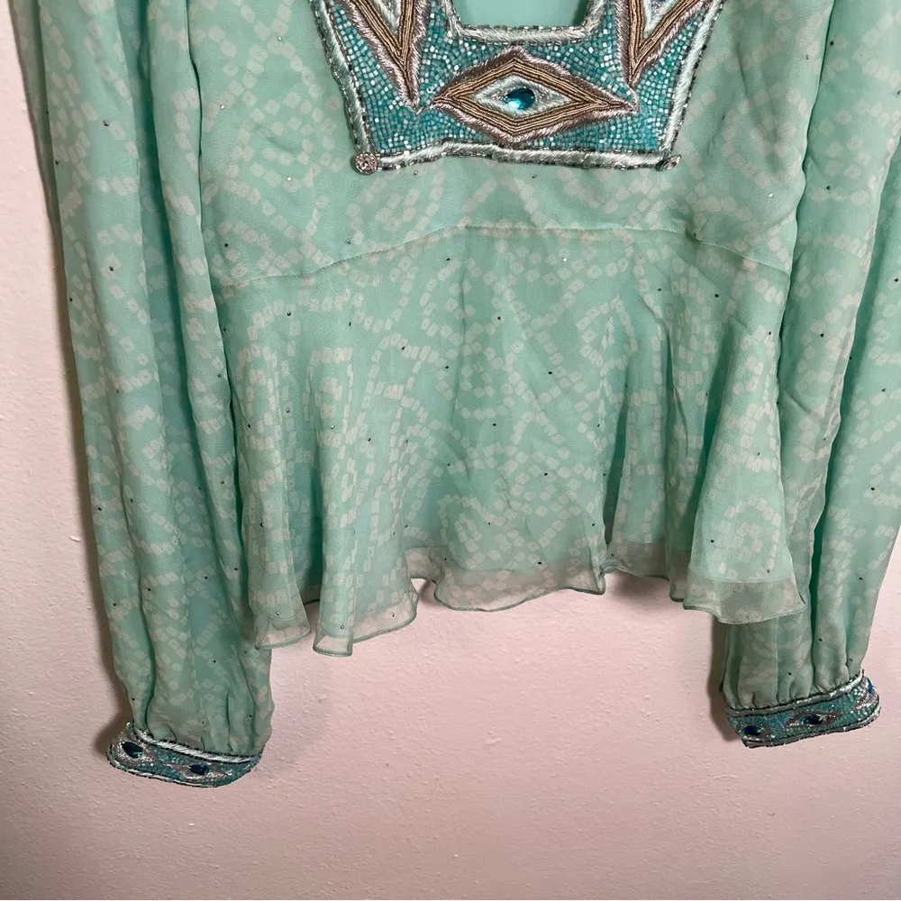 Nikka Silk Peplum Blouse Peacock Beaded Teal Green M Blue Size M - Image 3