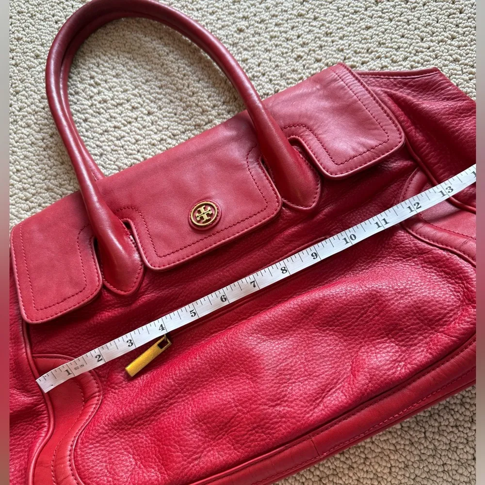 Tory Burch Edye Satchel Purse Shoulder Bag Red Leather Gold Classic Pebbled - Image 7