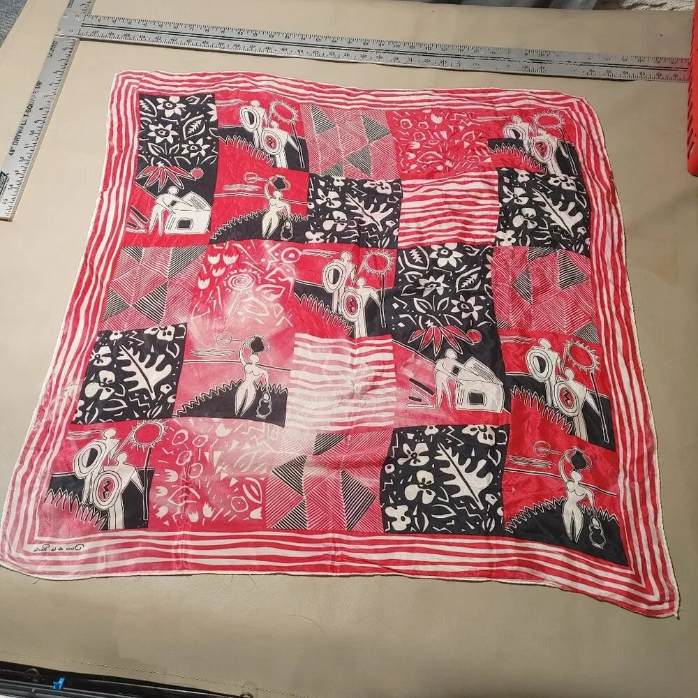 Oscar De La Renta Silk Scarf Twilly Vintage Abstract Red Black Print Japan READ - Image 6