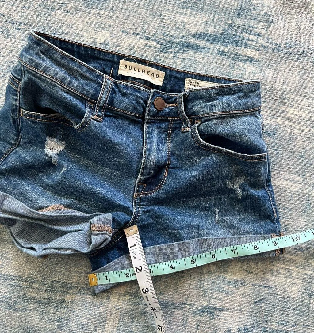 Bullhead Denim Co  Blue Distressed Cuffed Denim Super Stretch Shorty Size 24 - Image 5