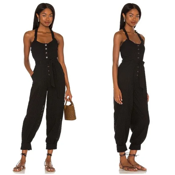 MAJORELLE Amanda Eyelet Halter Jumpsuit In Black - Image 2
