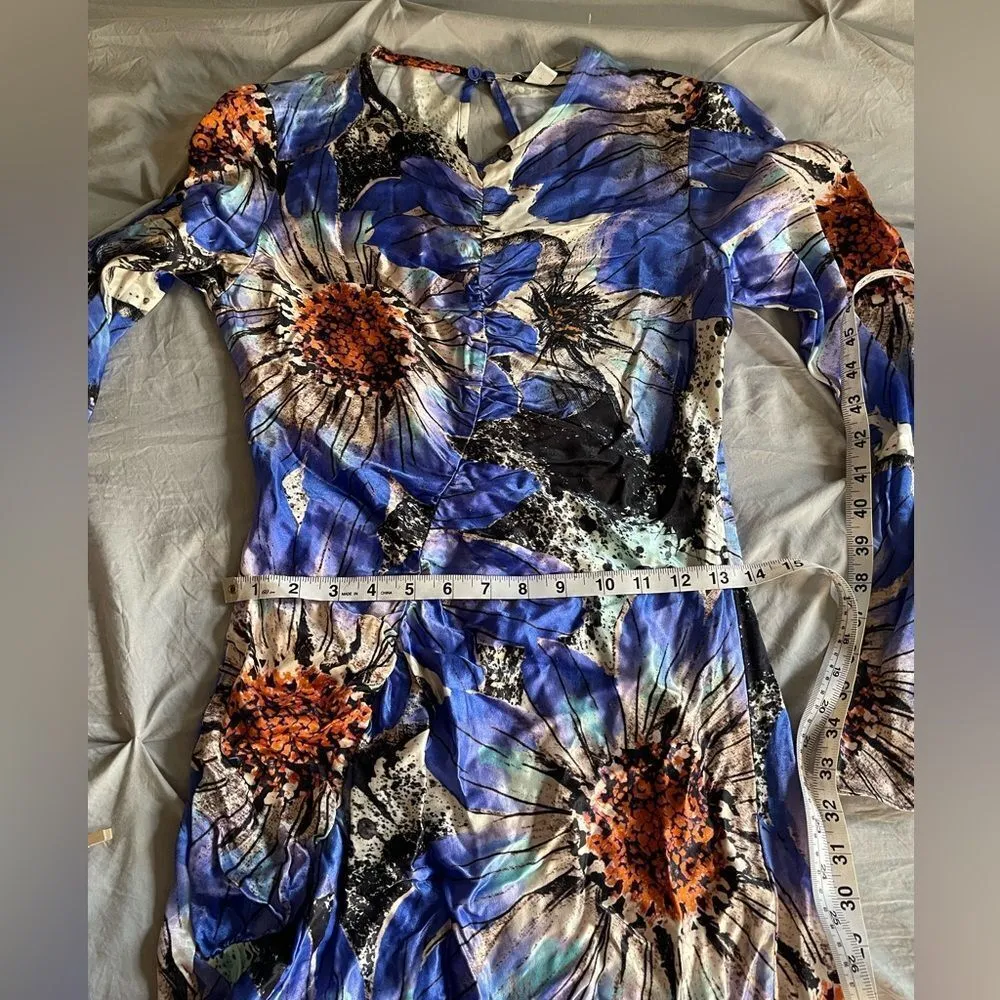 Topshop bold floral ruched long sleeve midi dress in cobalt - Image 11