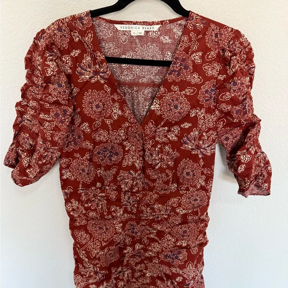 Veronica Beard Josephine Rust Red Floral Ruched Puff Sleeve Mini Dress Size 10 - Image 6